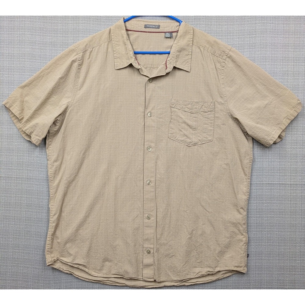 Toad&Co Shirt Mens XL Beige Check Short Sleeve Organic Cotton Casual Button Up
